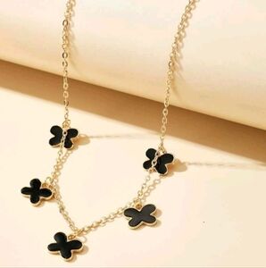 NWT Clover Black Enamel Gold Tone Necklace